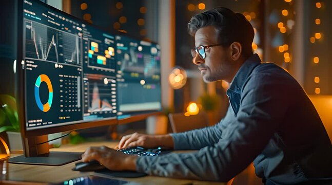 A young man is sitting in front of a computer working after work.