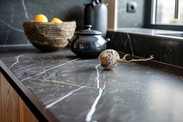 A charming soapstone countertop with subtle veining on a muted lavender background.