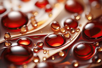 Droplets of different sizes and round shapes of red and bronze color, abstract background.