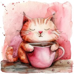 A watercolor painting of a cute cat sitting on a table and holding a pink coffee mug with both paws