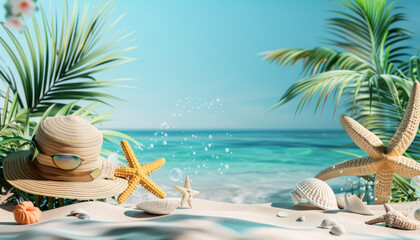 Obraz premium Two pink suitcases are on a beach, with palm trees in the background by AI generated image