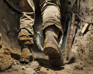 A man in dirty work boots, trudging through the tunnels of a mine, super realistic