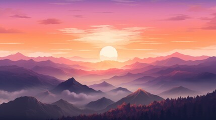 sunset over a rugged mountain landscape, with the sun painting the sky in hues of orange, 