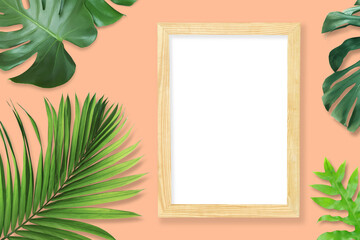 Blank Wooden Frame Mockup with Tropical Leaves on Peach Background