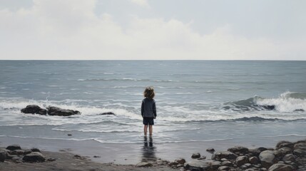 A child stands at the water's edge, curiosity, education