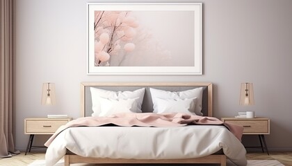 Poster frame mockup on white wall with bedroom interior,  wooden bed with luxury bedroom