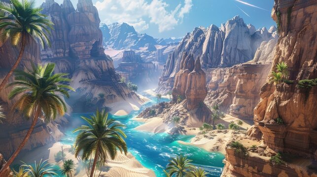 Obraz przedstawia rzekę otoczoną g&oacute;rami i palmami, tworząc zachwycający widok. Woda płynie spokojnie, a otaczające krajobrazy emanują siłą i spokojem