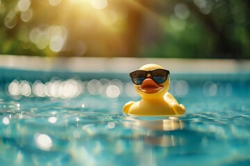 A yellow toy duck in sunglasses swims in the pool
