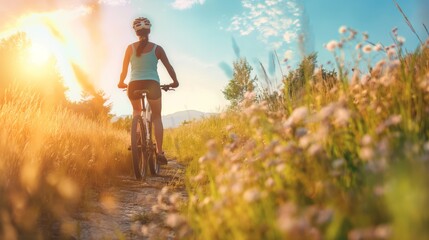 A woman on a bicycle rides along a path in a field, sports and lifestyle, active recreation