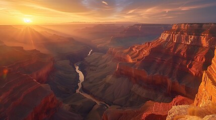 Na zdjęciu widać zachodzące słońce nad Wielkim Kanionem, co sprawia, że krajobraz nabiera intensywnych kolorów. Głębokie piękno kanionu jawi się w kontraście ze schodzącym słońcem - obrazy, fototapety, plakaty