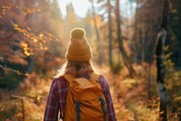 Obraz premium Hiking, a woman with a backpack walking in the woods
