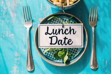 A calming blue background with a text sign reading "Lunch Date"