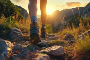 A woman walking along a mountain path, legs in close-up