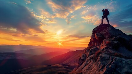 The silhouette of a man on top of a mountain