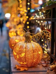 Glowing Pumpkin Lighting Up a Festive Urban Halloween Landscape with Warm Autumn Atmosphere