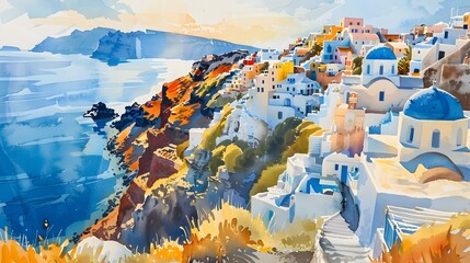 Dreamy Santorini Coastline at Sunrise:Cascading Whitewashed Homes Overlooking the Cerulean Aegean Sea