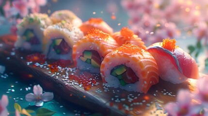 Vibrant and Artful Sushi Assortment Presented on a Plate from a Unique Low-Angle Perspective with a Touch of Digital Magic for a Mouthwatering Visual