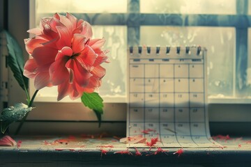 A calendar page framed by a blooming flower, blending the concepts of growth and time passing in a single image.
