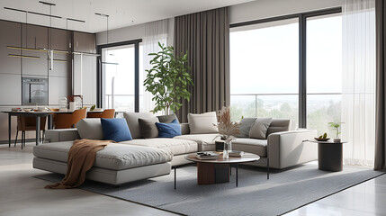 living room interior,  Large living room with with big glass windows. Elegant living room enlightened with sun light