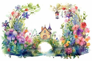 Watercolor picture of a house on the gate with flower arches decorated on both left and right sides. white background image