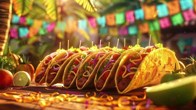Illustration of al pastor tacos with Mexican festive