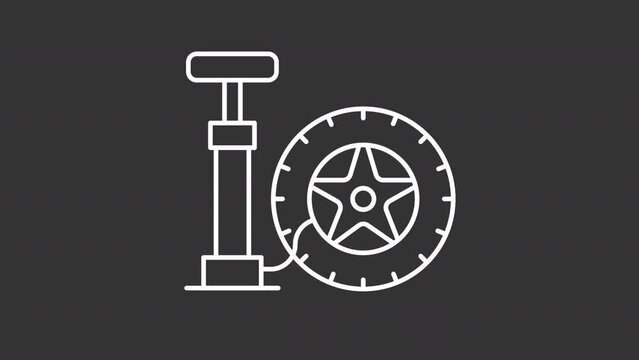 Animated air pump white icon. Car tire and hand pump line animation. Maintenance service. Tire pressure. Isolated illustration on dark background. Transition alpha video. Motion graphic
