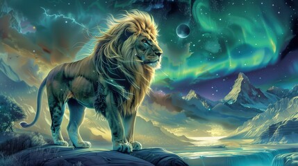 W obrazie przedstawiony jest majestatyczny lew stojący na skale, z rozwiewającą się grzywą. Jego postawa emanuje siłą i godnością, ujawniając jego dzikie piękno - obrazy, fototapety, plakaty