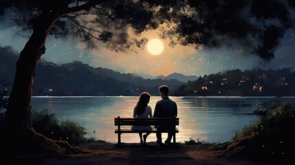 A couple, hand in hand, shares a moment of intimacy on a secluded lakeside bench,  - Powered by Adobe