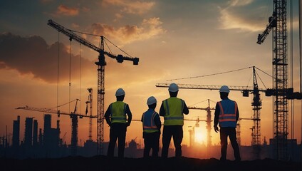 Silhouette Teams of Business Engineers looking for blueprints in construction sites through blurry construction sites at sunset