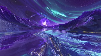 Wspaniały widok fioletowo-niebieskiego krajobrazu z majestatycznymi górami i spokojnym ciałem wody, którego obraz ukazuje się przez okno statku kosmicznego