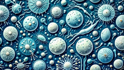 Microscopic Look at Different Bacteria and Microbes on Blue Background