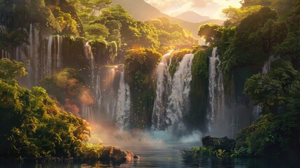 A breathtaking view of a cascading waterfall, surrounded by lush greenery, with the sun casting golden hues on the mist.
