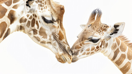 Obraz premium A touching scene of a giraffe mother and baby gently touching foreheads against a white background, emphasizing their bond