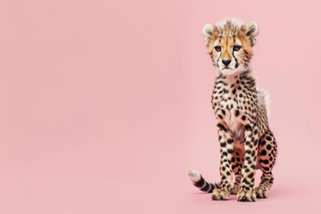 An isolated young cheetah cub standing with a soft pink background, looking slightly to the side, embodying vulnerability