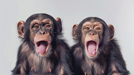 Humorous image of two chimpanzees with open mouths in a yawning pose, set against a soft-focus background to highlight their expressions