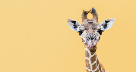 Obraz premium A playful close-up of a young giraffe's head against a vibrant yellow background, capturing its curious expression and unique patterns