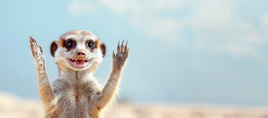 A playful meerkat standing upright and waving as if greeting, set against a bright blue sky, depicting a lively and welcoming posture