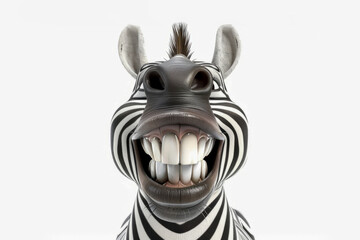 An amusing image of a zebra with exaggerated facial features, displaying a wide, toothy smile on a clean white background