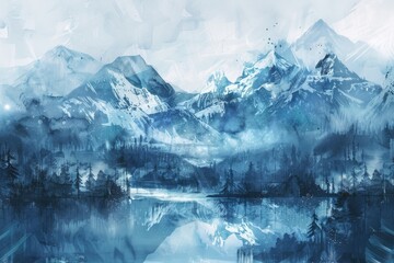 A painting of a mountain range with a lake in the foreground - Powered by Adobe