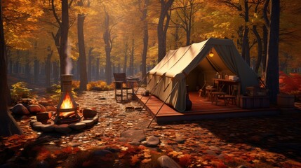 A cozy campsite nestled amidst a vibrant autumn forest, 