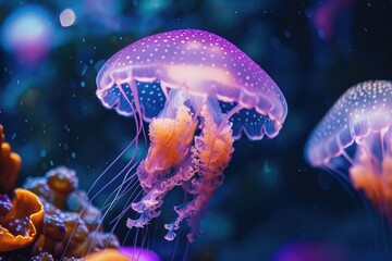 A jellyfish with orange and purple spots is floating in the water