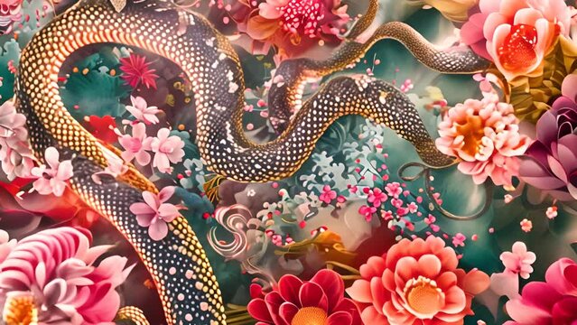 Vibrant Snake and Floral Artistic Illustration with Ai generated.
