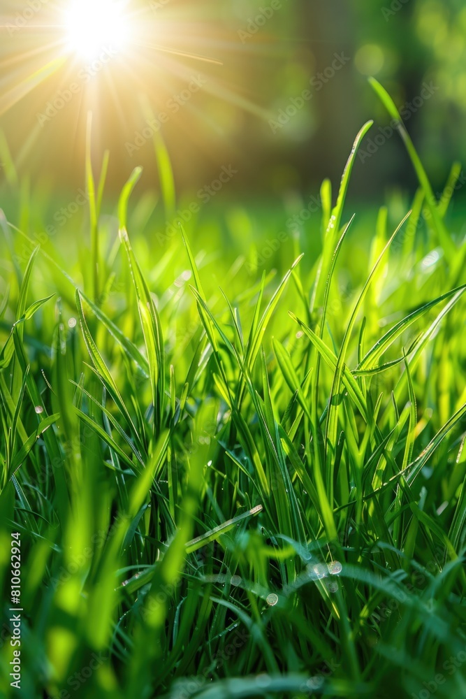 Poster a field of green grass with dew on it