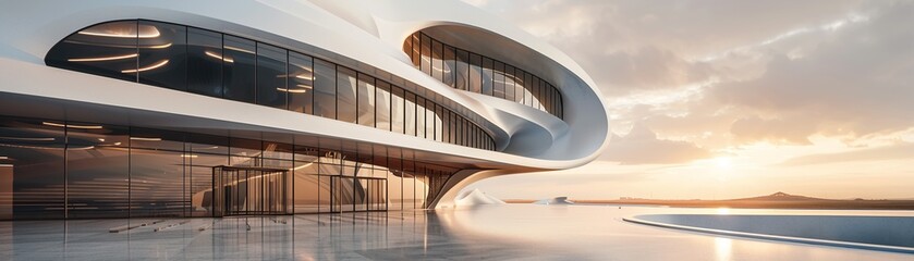 Architectural curves on a stunning museum exterior, with flowing lines and reflective surfaces creating a visually captivating structure3D render illustrations