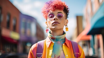 A Gen Z individual, sporting a gender-fluid outfit, exuding confidence 