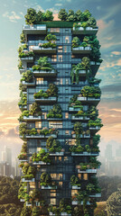 Modern construction of a vertical garden skyscraper, integrating green spaces on every level to enhance urban biodiversity and air quality3D render illustrations