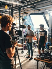 Obraz premium A man is filming a scene with a camera and microphone