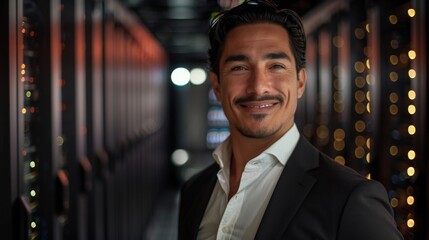 Portrait of Smiling Man in Black Suit and White Shirt Standing Against a Dark Server Room with Ambient Lighting, Symbolizing Professionalism in Technology Environment	