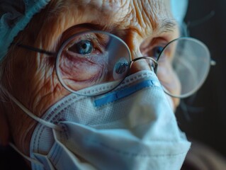 A woman wearing a mask and glasses