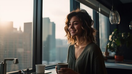 Fototapeta premium a young woman enjoying a cup of instant coffee at her kitchen counter, 